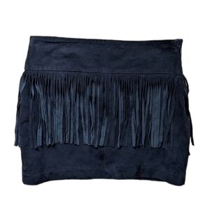 Mango genuine leather fringe mini skirt western style black size 2 T3